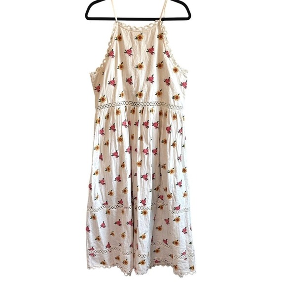 NEW Farm Rio Mixed Cross Stitch Embroidered Flowers Midi Dress Off‎ White Size L